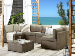 Beliani Garden Corner Sofa With Table 6 Seater Belvedere Pe Rattan Brown - thumbnail 2
