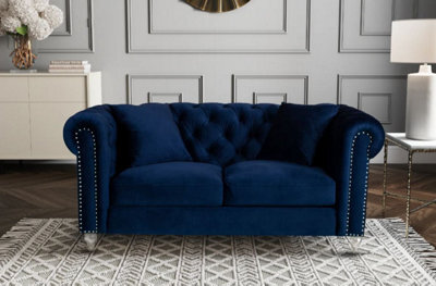 Chesterfield Sofa With Acrylic Feet In Navy Blue Velvet 2 Seater Sofa - image 1