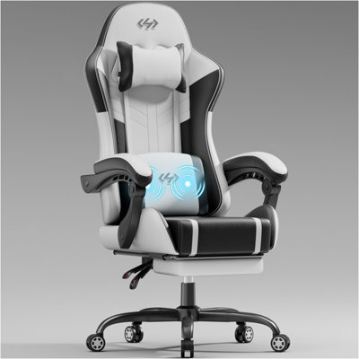 Massage Gaming Chair With Footrest, Headrest & Lumbar Support, Height Adjustable For Home, White Black - image 1