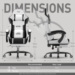 Massage Gaming Chair With Footrest, Headrest & Lumbar Support, Height Adjustable For Home, White Black - thumbnail 3