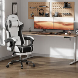 Massage Gaming Chair With Footrest, Headrest & Lumbar Support, Height Adjustable For Home, White Black - thumbnail 2