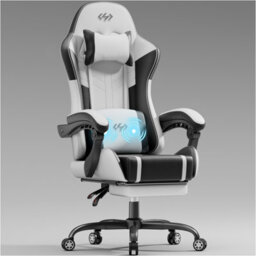 Massage Gaming Chair With Footrest, Headrest & Lumbar Support, Height Adjustable For Home, White Black