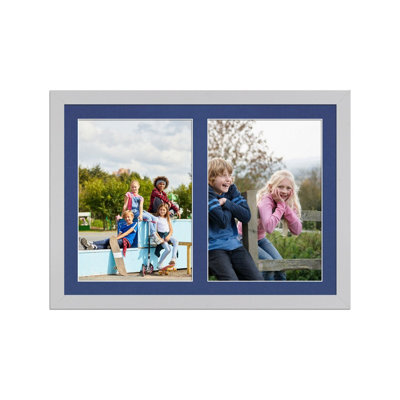 AK Frames 20X14 Light Grey Modern Multi Photo Frame With Blue Mount - Holds 2 Apertures (2X) A4 Photos - image 1