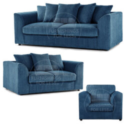 Furnishings For Less UK Luxor Jumbo Cord 3 + 2 + 1 Fabric 3 Piece Sofa Suite - Scatter Back Marine Blue - thumbnail 1