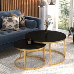 Okin 2 Piece Coffee Table Set Modern Metal Base With Durable Laminated Pvc Tops Large Small Duo Legs Gold Tabletop Black - thumbnail 2