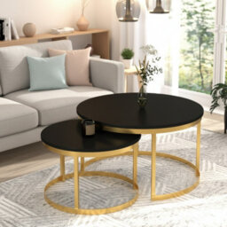 Okin 2 Piece Coffee Table Set Modern Metal Base With Durable Laminated Pvc Tops Large Small Duo Legs Gold Tabletop Black