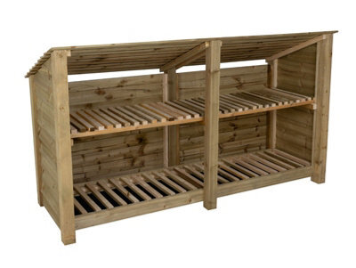 Arbor Garden Solutions Wooden Log Store (Roof Sloping Back) With Kindling Shelf W-227Cm, H-126Cm, D-88Cm - Natural (Light Green) Finish - image 1