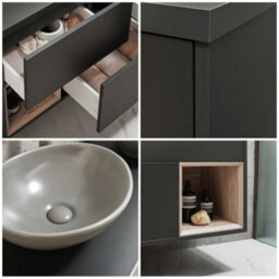 Homestylestore Black Grey 1200mm Wall Hung Bathroom Vanity Unit Oval Pebble Countertop Basins Open Shelves - thumbnail 2