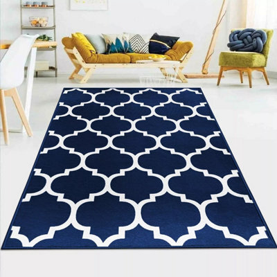 Ameha Printed Rugs Ava Navy Bedroom Carpet Hallway Non Slip Geometric Moroccan Trellis Pattern Rug 120 X 170 Cm - image 1