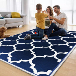 Ameha Printed Rugs Ava Navy Bedroom Carpet Hallway Non Slip Geometric Moroccan Trellis Pattern Rug 120 X 170 Cm - thumbnail 8