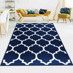 Ameha Printed Rugs Ava Navy Bedroom Carpet Hallway Non Slip Geometric Moroccan Trellis Pattern Rug 120 X 170 Cm