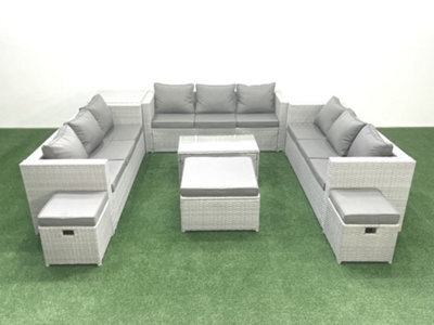 Fimous Rattan Garden Outdoor Furniture Set 12 Seater Garden Sofa Coffee Table Set 3 Stools Side Table Light Grey - image 1