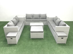Fimous Rattan Garden Outdoor Furniture Set 12 Seater Garden Sofa Coffee Table Set 3 Stools Side Table Light Grey - thumbnail 1