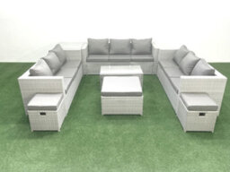 Fimous Rattan Garden Outdoor Furniture Set 12 Seater Garden Sofa Coffee Table Set 3 Stools Side Table Light Grey - thumbnail 2