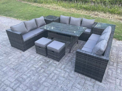 Fimous Pe Wicker Garden Furniture Rattan Sofa Set Patio Rectangular Dining Table With 2 Small Footstool 2 Side Table 11 Seater - image 1