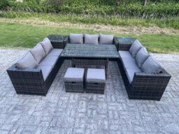 Fimous Pe Wicker Garden Furniture Rattan Sofa Set Patio Rectangular Dining Table With 2 Small Footstool 2 Side Table 11 Seater - thumbnail 2