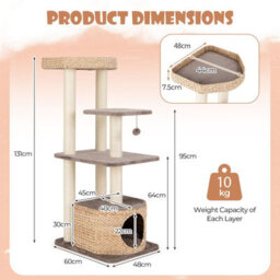 Costway Indoor Cat Tree 131Cm Cattail Cat Tower W/ Sisal Scratching Posts - thumbnail 2
