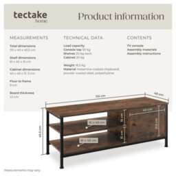 Tectake Tv Stand Durban - Lowboard Cabinet With 3 Shelves, Cupboard Section With Door 110 Cm - Industrial Wood Dark, Rustic - thumbnail 6