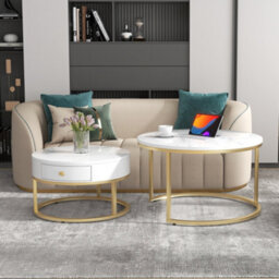 Round Nesting Coffee Tables With Drawer, Storage And Gold Metal Frames - thumbnail 9