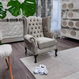 Chesterfield High Back Wing Chair Shimmer Mink Velvet In Queen Anne Style - thumbnail 2