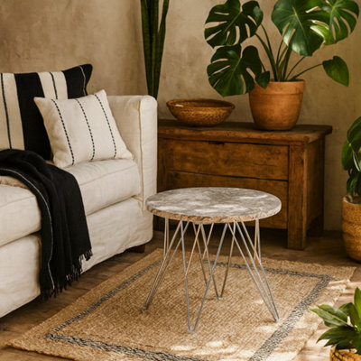 Wyld Haus Alba Round Side Table, Grey Brown Spider Marble Top, Chromed Wire Legs - image 1