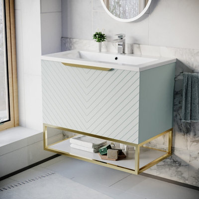 Nes Home 800mm Wall Hung Green Drawers Basin Vanity Brushed Brass Frame & Handle - image 1