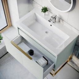 Nes Home 800mm Wall Hung Green Drawers Basin Vanity Brushed Brass Frame & Handle - thumbnail 5