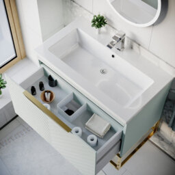 Nes Home 800mm Wall Hung Green Drawers Basin Vanity Brushed Brass Frame & Handle - thumbnail 6