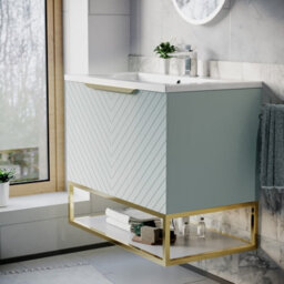 Nes Home 800mm Wall Hung Green Drawers Basin Vanity Brushed Brass Frame & Handle - thumbnail 3
