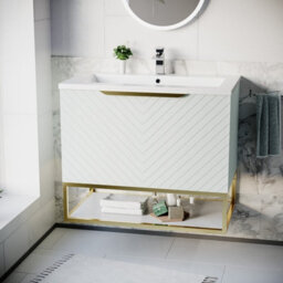 Nes Home 800mm Wall Hung Green Drawers Basin Vanity Brushed Brass Frame & Handle - thumbnail 2