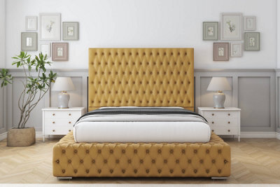 "Sloomy Ambassador Mustard Plush Bed Frame With Mattress With 50""  Upholstered Headboard 4' Small Double" - image 1