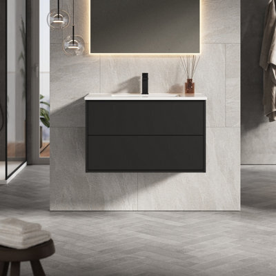 Banyetti Venti 800mm Wall Hung Vanity Unit With Athena Basin - Matt Black - image 1