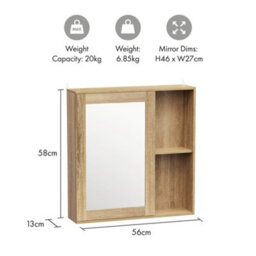 Vonhaus Bathroom Mirror Cabinet, Oak Wood Effect Cabinet With Mirror With Adjustable Internal Shelf & Handleless Design, Chester - thumbnail 7