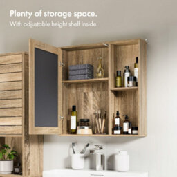 Vonhaus Bathroom Mirror Cabinet, Oak Wood Effect Cabinet With Mirror With Adjustable Internal Shelf & Handleless Design, Chester - thumbnail 3