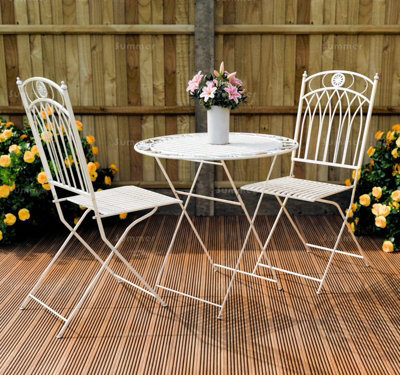 Outdoor Vintage Bistro Set, 2 Folding Chairs And Round Table - Ornate Wrought Iron Design, Fully Assembly, White Antique Finish - image 1