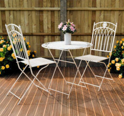 Outdoor Vintage Bistro Set, 2 Folding Chairs And Round Table - Ornate Wrought Iron Design, Fully Assembly, White Antique Finish - thumbnail 1