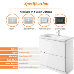 Plum&clay Eden Gloss White Floorstanding Vanity Unit With Round Resin Basin (W)940mm - thumbnail 7