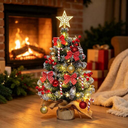 CLEFFNS Artificial Tabletop Christmas Tree Small Xmas Tree With Red Bow Berries Pinecones Star Tree Topper Ball Ornaments Table Decoration - thumbnail 1