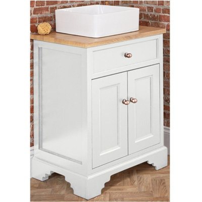 Homestylestore 645mm Antique White And Oak Bathroom Vanity Unit With Square Countertop Basin And Bronze Round Handles - image 1