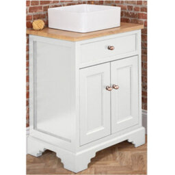 Homestylestore 645mm Antique White And Oak Bathroom Vanity Unit With Square Countertop Basin And Bronze Round Handles
