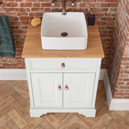 Homestylestore 645mm Antique White And Oak Bathroom Vanity Unit With Square Countertop Basin And Bronze Round Handles - thumbnail 2