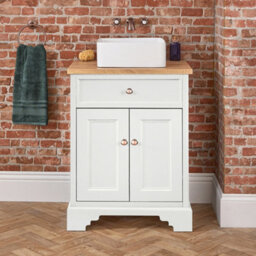 Homestylestore 645mm Antique White And Oak Bathroom Vanity Unit With Square Countertop Basin And Bronze Round Handles - thumbnail 3