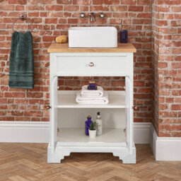Homestylestore 645mm Antique White And Oak Bathroom Vanity Unit With Square Countertop Basin And Bronze Round Handles - thumbnail 4