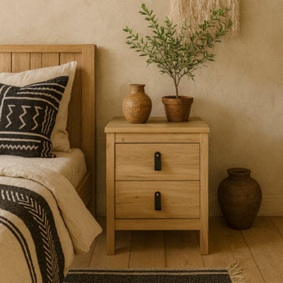 Wyld Haus Wildberry Natural Oak Bedside Table With 2 Drawers And Leather Handles - image 1