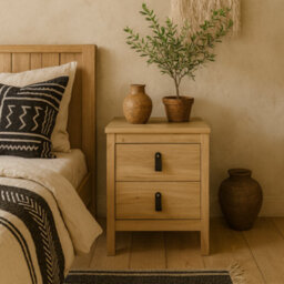 Wyld Haus Wildberry Natural Oak Bedside Table With 2 Drawers And Leather Handles