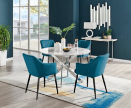 Furniturebox Novara White Marble Effect 120Cm Round Dining Table With Chrome Starburst Legs & 6 White Faux Leather Lorenzo Chairs - thumbnail 1