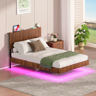 Matteo Modern Floating Bed Frame With Fluted Headboard, Led Lighting & Power Sockets, 135X200Cm, Walnut - image 1