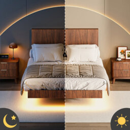 Matteo Modern Floating Bed Frame With Fluted Headboard, Led Lighting & Power Sockets, 135X200Cm, Walnut - thumbnail 5
