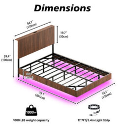 Matteo Modern Floating Bed Frame With Fluted Headboard, Led Lighting & Power Sockets, 135X200Cm, Walnut - thumbnail 3