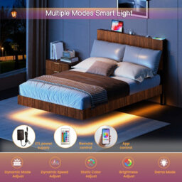 Matteo Modern Floating Bed Frame With Fluted Headboard, Led Lighting & Power Sockets, 135X200Cm, Walnut - thumbnail 8